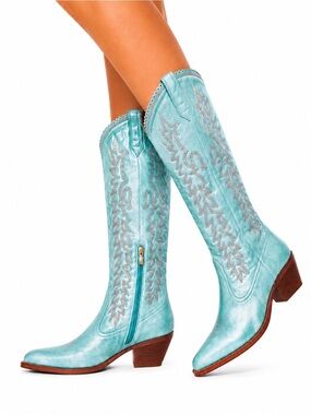 Teal Embroidered Western Knee-High Boots